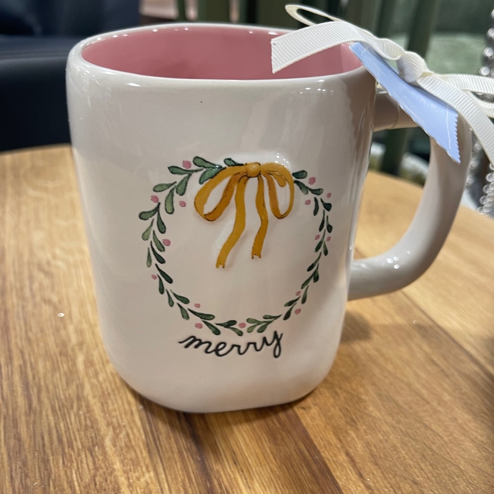 Rae Dunn Pink Christmas Merry Holly Wreath Ceramic Coffee Mug NWT